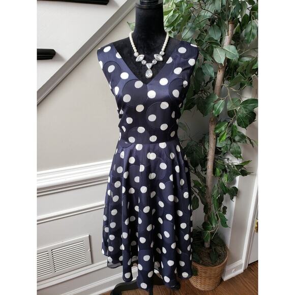 Ann Taylor Knee Length Dress Women's Size 10 Blue Polka Dot V Neck Sleeveless - Picture 1 of 11
